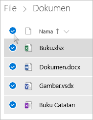 Cuplikan layar memilih semua file dan folder di OneDrive