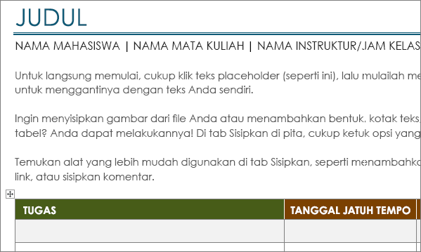 Templat baru Daftar tugas proyek dengan font minimum 11.