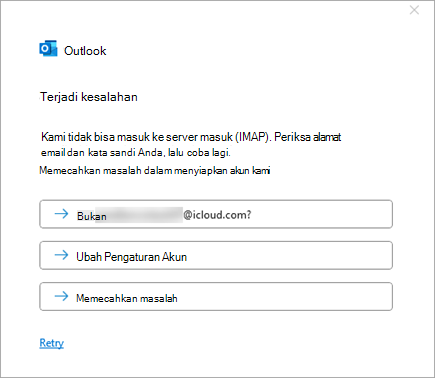 Cuplikan layar pesan kesalahan Terjadi kesalahan saat menambahkan akun iCloud