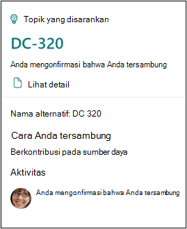 Kartu konfirmasi memperlihatkan Anda tersambung ke topik