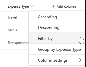 SharePoint Opsi Filter Judul Kolom Menurut Menu