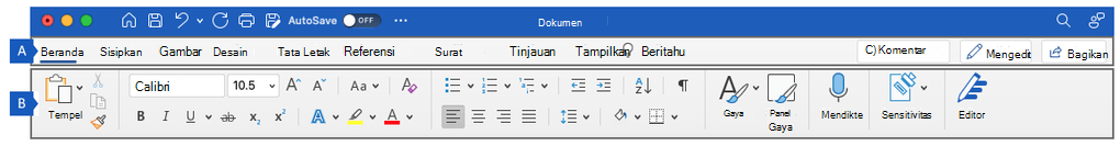 Pita di Word untuk Mac, memperlihatkan kawasan utama pita.