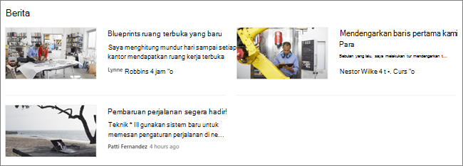 Tangkapan layar komponen web Berita dari situs SharePoint, tempat postingan telah difilter