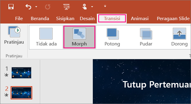 Memperlihatkan transisi Morf pada menu Transisi di PowerPoint 2016