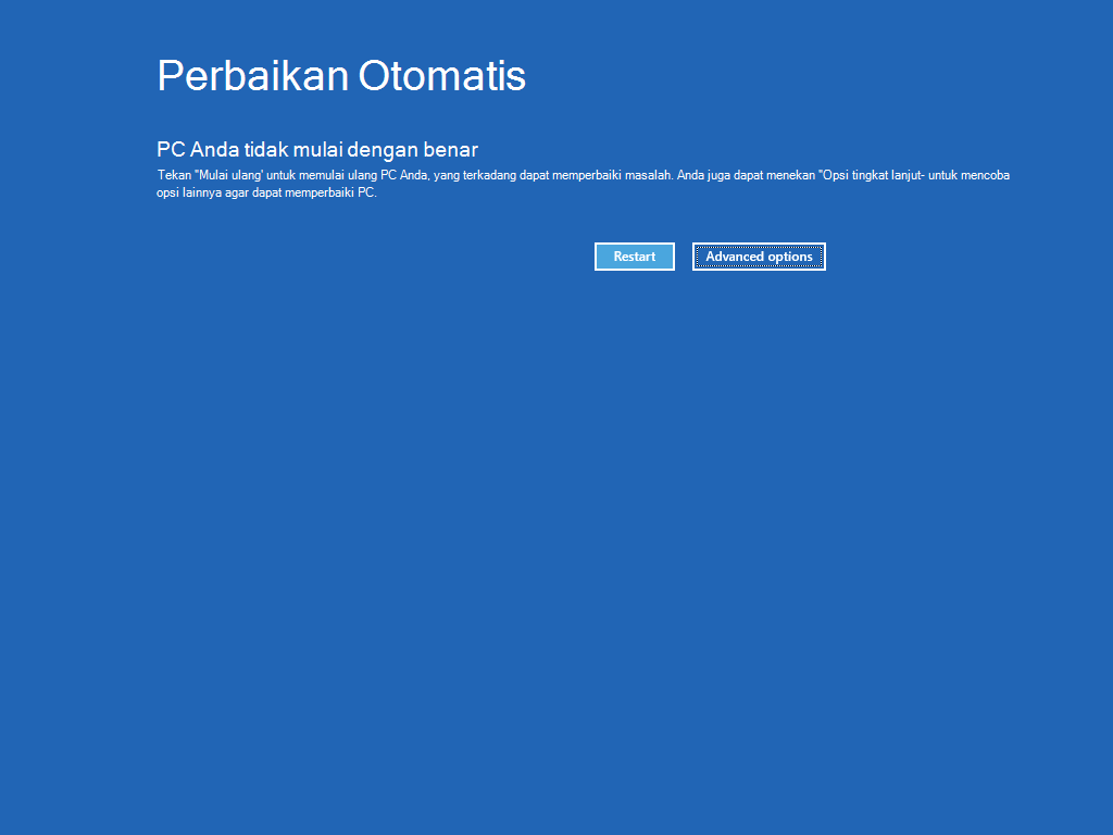 Memperlihatkan layar Perbaikan Otomatis, dengan tombol "Opsi tingkat lanjut" disorot.