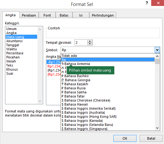 Pilihan Simbol Mata Uang dari dialog Format Sel