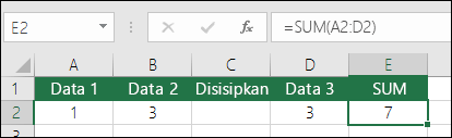 Contoh menggambarkan rumus SUM secara otomatis meluas dari =SUM(A2:C2) ke =SUM(A2:D2) saat sebuah kolom disisipkan