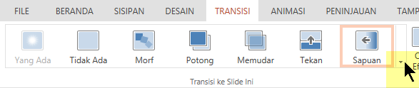 Untuk membuka galeri opsi Transisi yang lengkap, klik panah yang menunjuk ke bawah di ujung kanan.