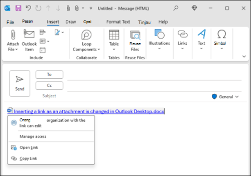 Menyisipkan pengalaman baru tautan di Outlook