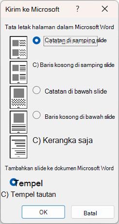 Kotak dialog Send to Microsoft Word