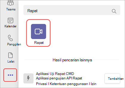 Cuplikan layar cara menambahkan aplikasi Meet di Teams.