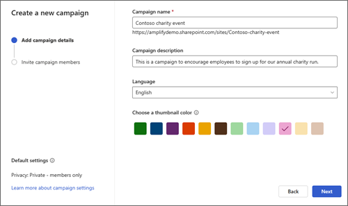 Cuplikan layar panel pengaturan tempat Anda memilih nama, deskripsi, bahasa, dan warna gambar mini.