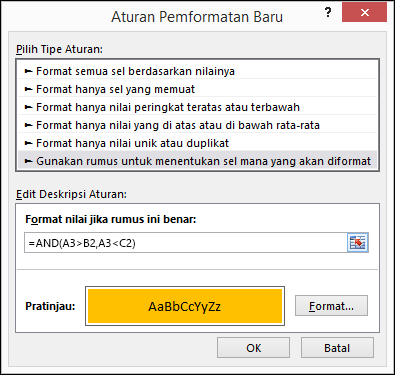 Dialog Pemformatan Bersyarat > Edit Aturan menampilkan metode Rumus