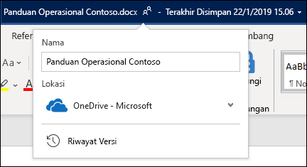 Menu turun bawah dari judul dokumen di Word untuk Office 365