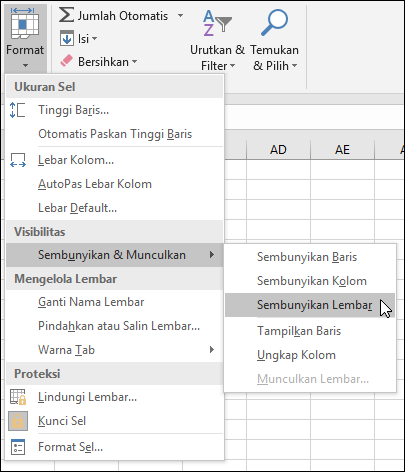 Menyembunyikan atau memunculkan lembar kerja dari Sel > Rumah > Format > VIsibilitas > Sembunyikan & Munculkan