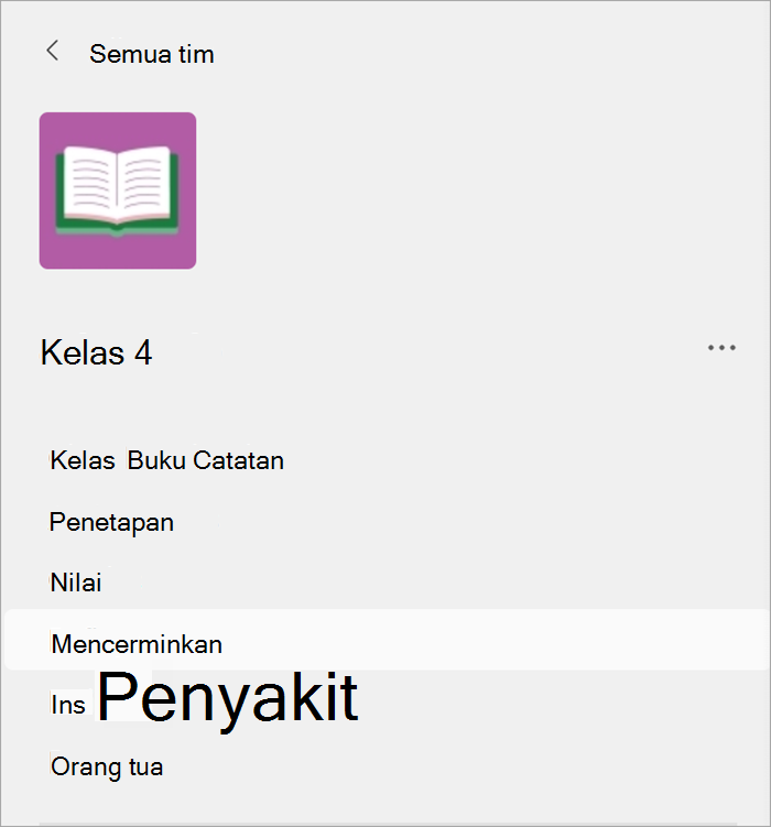 kursor mengarahkan kursor ke tab pantulan, yang terletak dengan tugas, nilai, dan wawasan dalam tim kelas