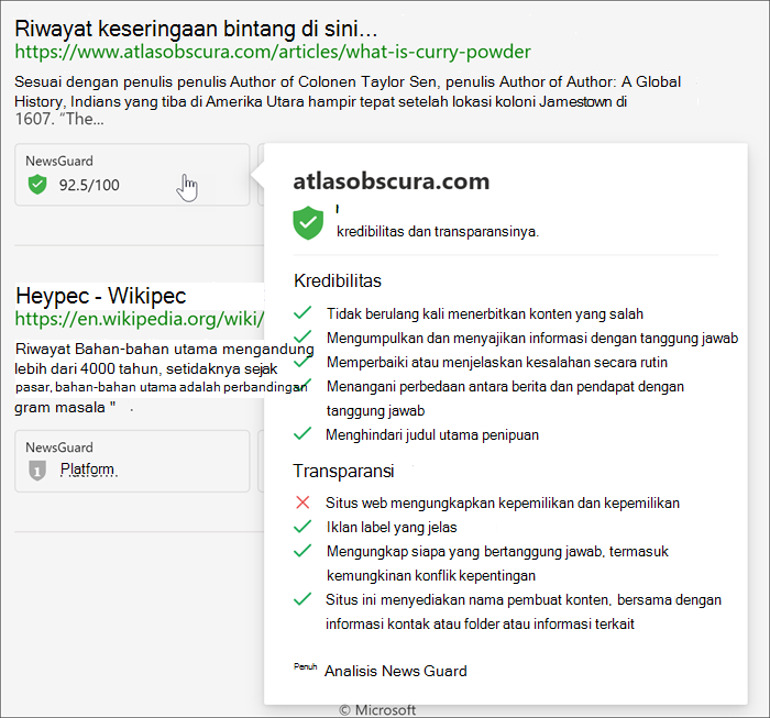 Cuplikan layar memperlihatkan pilihan NewsGuard. Tanda centang menunjukkan standar kredibilitas dan transparansi mana yang dipenuhi oleh situs web ini