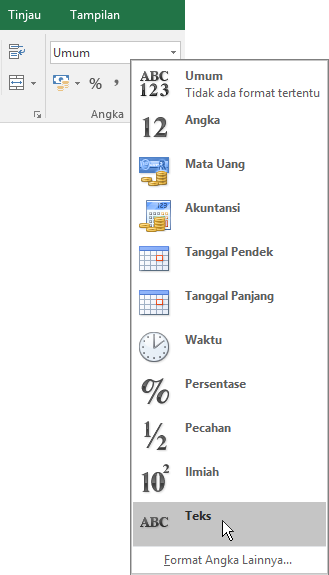 Dalam Excel, di tab Beranda, dalam grup Angka, pilih panah bawah di kotak Umum untuk memilih format angka yang akan digunakan.