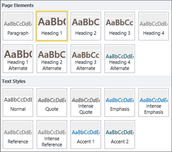 Cuplikan layar Elemen Halaman dan Gaya Teks tersedia dari grup Gaya di pita SharePoint Online.