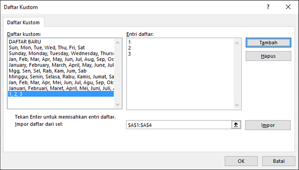 Menambahkan item daftar kustom secara manual dengan mengetikkannya dalam dialog Edit Daftar Kustom dan menekan Tambahkan