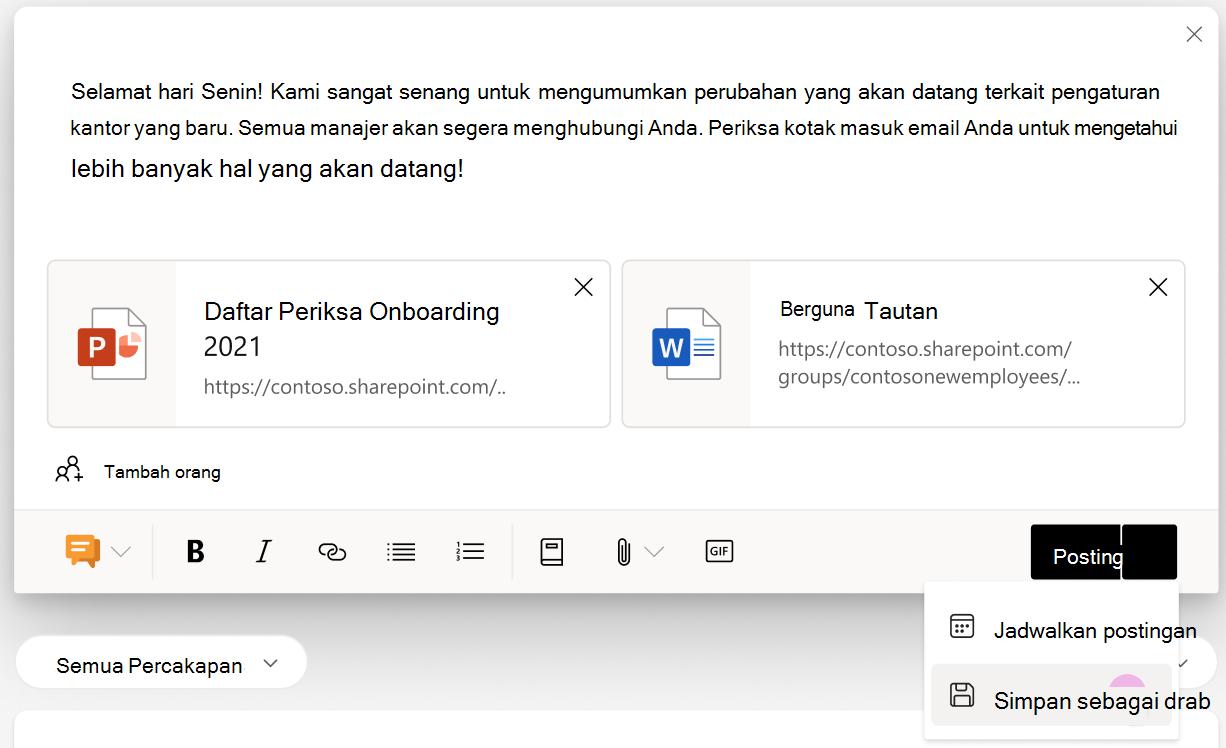 Cuplikan layar memperlihatkan opsi simpan dan jadwalkan pada menu Postingan.