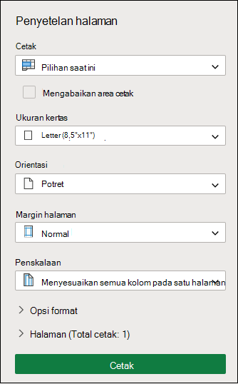 Mencetak Pilihan Saat Ini di Excel untuk web