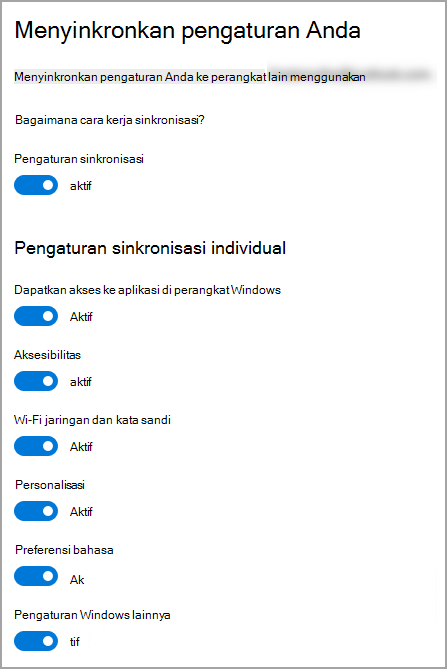 Pengaturan sinkronisasi di Pengaturan Windows 10.