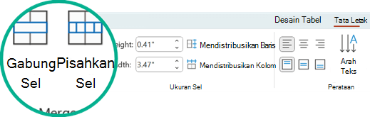 Perintah Gabungkan Sel dan Pisahkan Sel berada pada tab Tata Letak di PowerPoint.