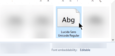 Ketika mencari font di Panel Kontrol, Anda dapat melihat apakah font dapat disematkan.