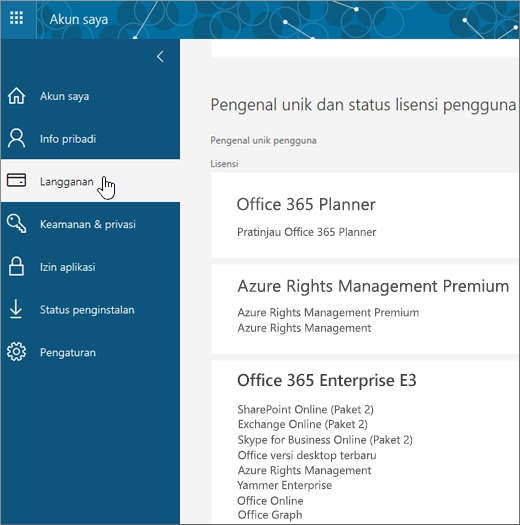 Halaman Langganan Office 365