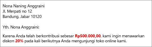 Dokumen hasil gabungan surat bertuliskan "kontribusi Anda sebesar $50,00" dan "menawarkan Anda diskon 20%."