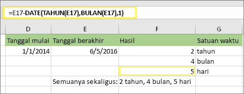 =DATEDIF(D17,E17,"md") dan hasilnya: 5