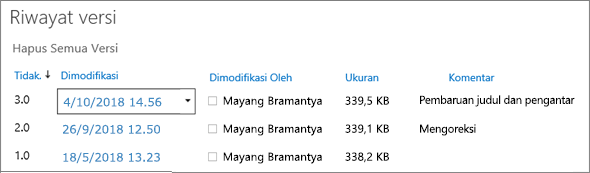 Kotak dialog Riwayat Versi dengan 3 versi.