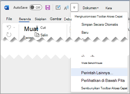 Kustomisasi Toolbar Akses Cepat dengan Perintah Lainnya disorot