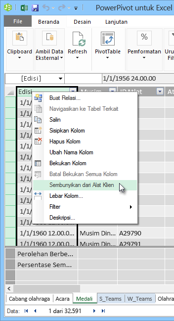 klik kanan untuk menyembunyikan bidang tabel dari Alat Klien Excel