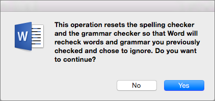 Membuat Word memeriksa ejaan dan tata bahasa yang sebelumnya Anda suruh untuk diabaikan Word dengan mengklik Ya.