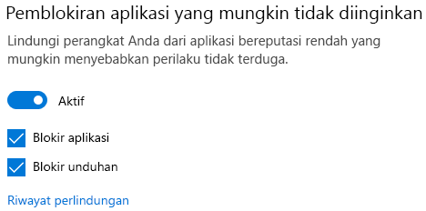 Kontrol pemblokiran aplikasi yang berpotensi tidak diinginkan di Windows 10.