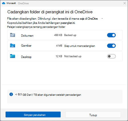 cuplikan layar onedrive cadangan tiga versi tiga