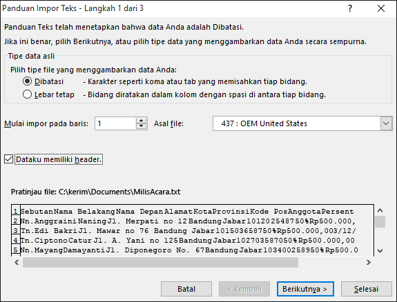 Excel Dapatkan Data Eksternal dari Teks, Panduan Impor Teks, Langkah 1 dari 3