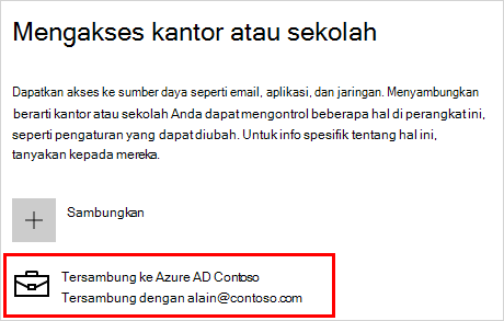 Mengakses layar kantor atau sekolah dengan akun Contoso yang tersambung