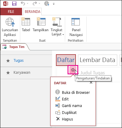 Tombol Tampilkan Pengaturan/Tindakan