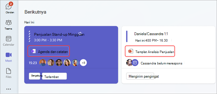 Cuplikan layar bagian Berikutnya di aplikasi Meet di Teams