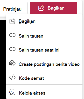 Menu turun bawah Bagikan di Stream Web App.