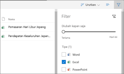 Cuplikan layar dari cara mengubah tampilan Dibagikan dengan saya di OneDrive for Business