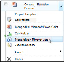 Kotak turun bawah dokumen di SharePoint pustaka. "Terbitkan versi utama" disorot.