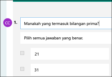 Inisial kontributor ditampilkan di samping pertanyaan kuis