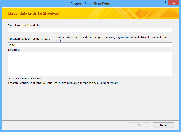 Tentukan situs SharePoint untuk mengekspor tabel atau kueri Access Anda.