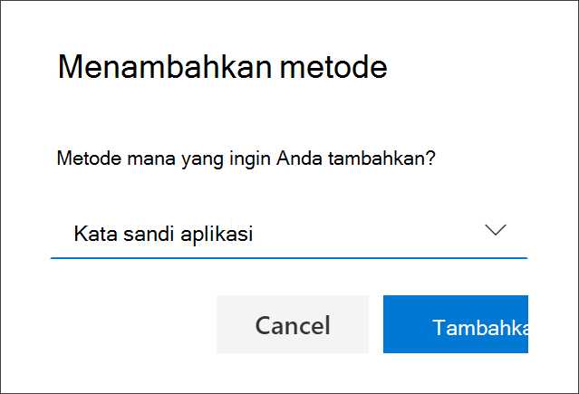 Kotak Tambahkan metode, dengan kata sandi aplikasi dipilih