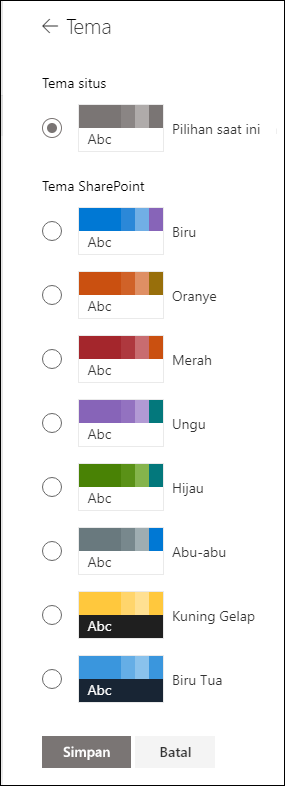 Mengubah tema situs SharePoint Anda