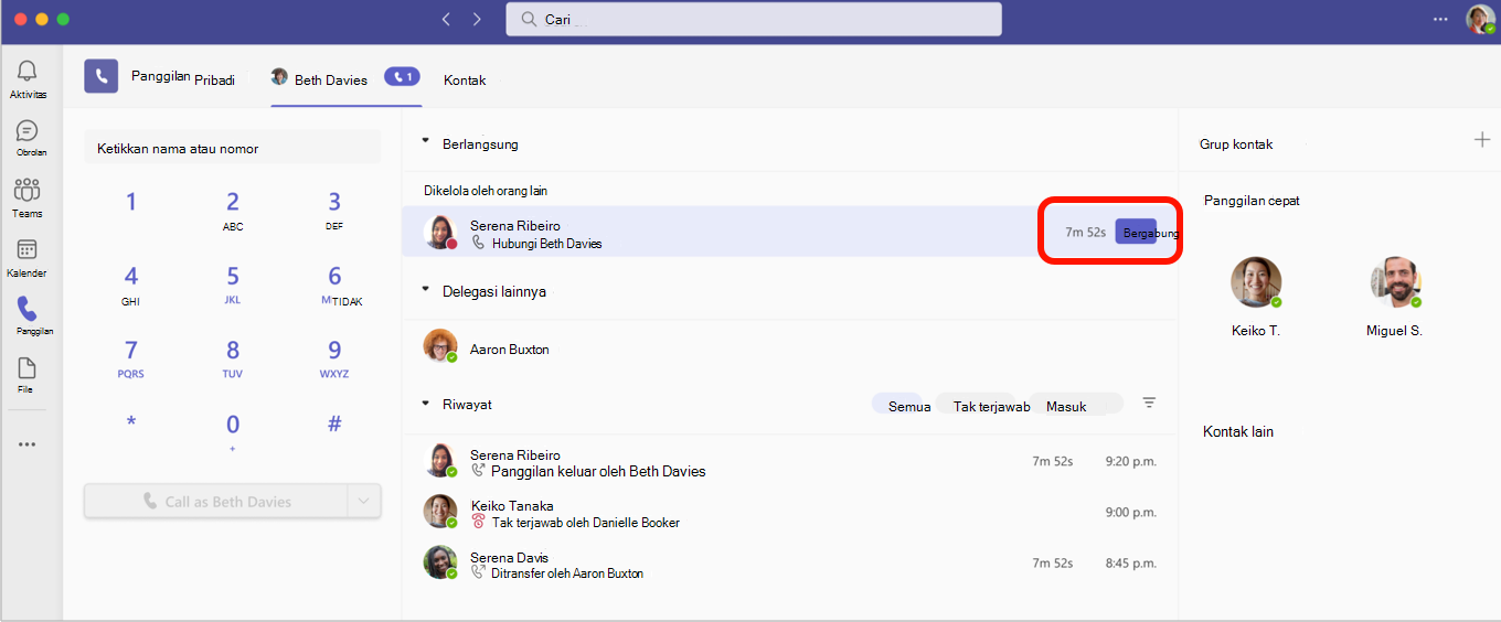 Bergabung dalam panggilan yang sedang berlangsung di tab Panggilan.